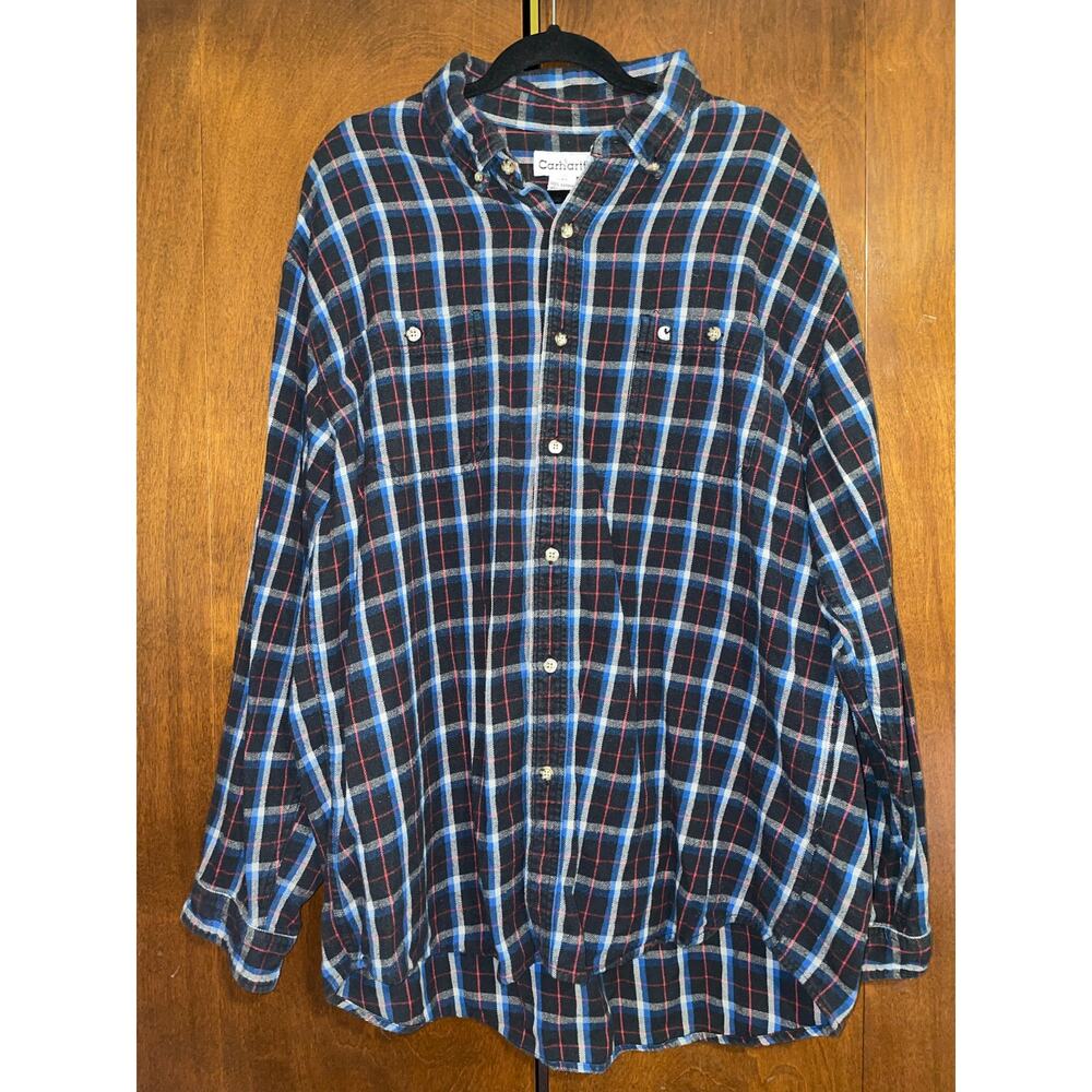 Carhartt Men’s 2XL Black Blue Red Plaid Flannel Button-Up Shirt w/ Pocket Cotton